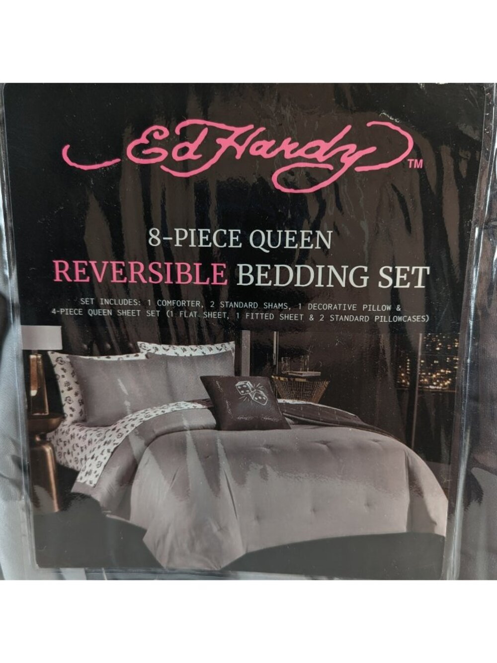 Ed Hardy Queen Comforter Bed Set w Shams Pillow Sheets Black White Dice Skull